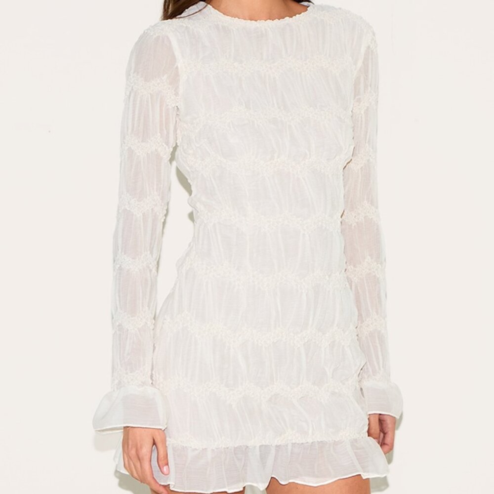 Almond Textured Long Sleeve Boat Neck Mini Dress